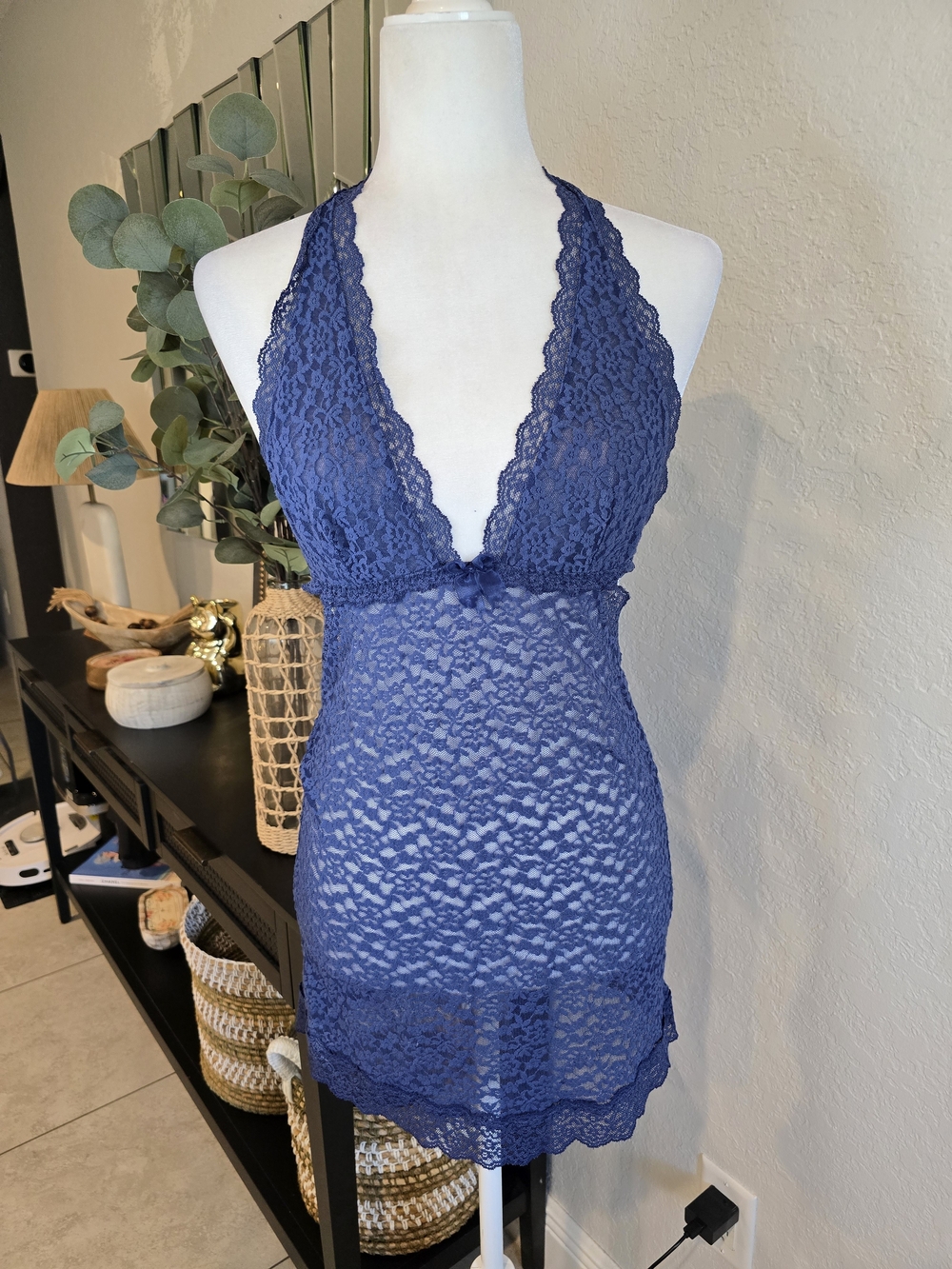 Victoria's Secret Blue Floral Lace Halter Full Slip Sheer Babydoll teddy dress M